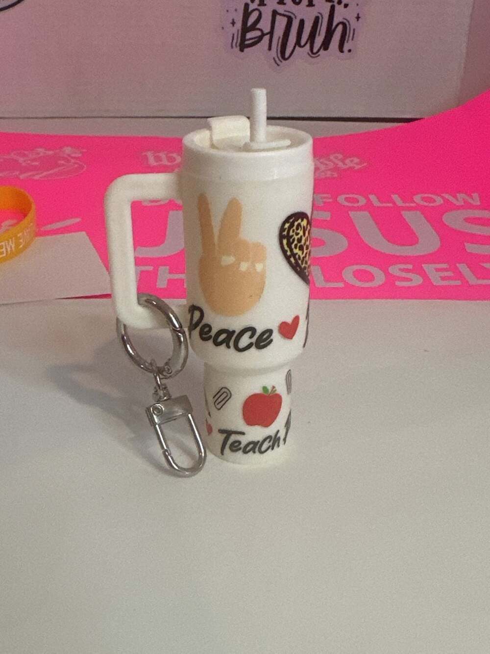 Teacher Tumbler Keychain Mini Stanley Cup Replica with Peace and Teach Design